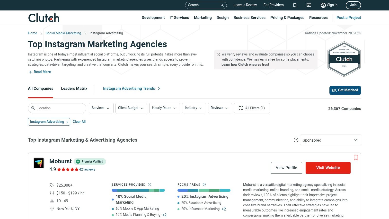 Clutch's platform showcasing a list of top Instagram ad agencies with filters for location, budget, and reviews.