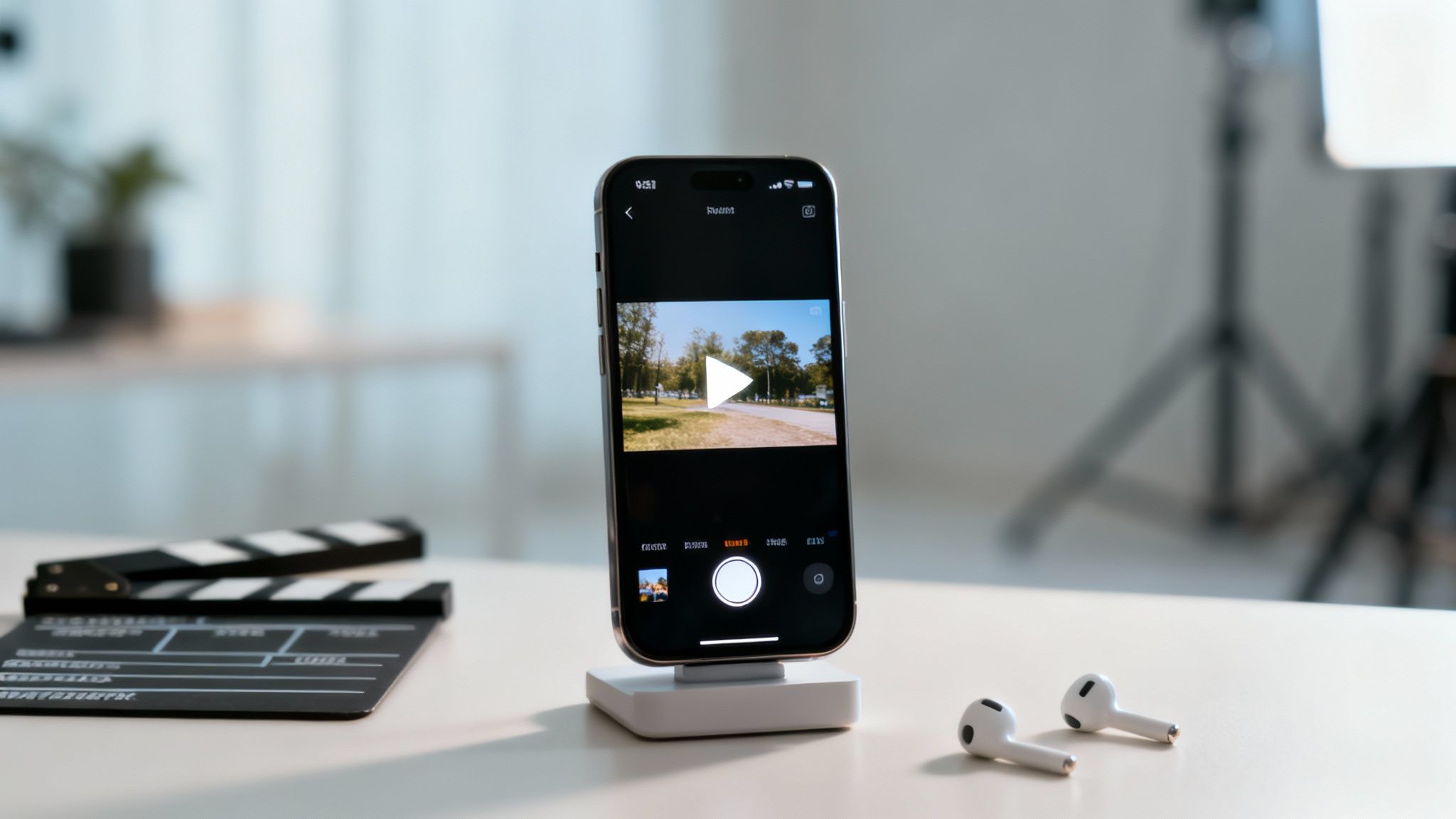 A smartphone on a stand displays a video, with a clapperboard and wireless earbuds nearby.