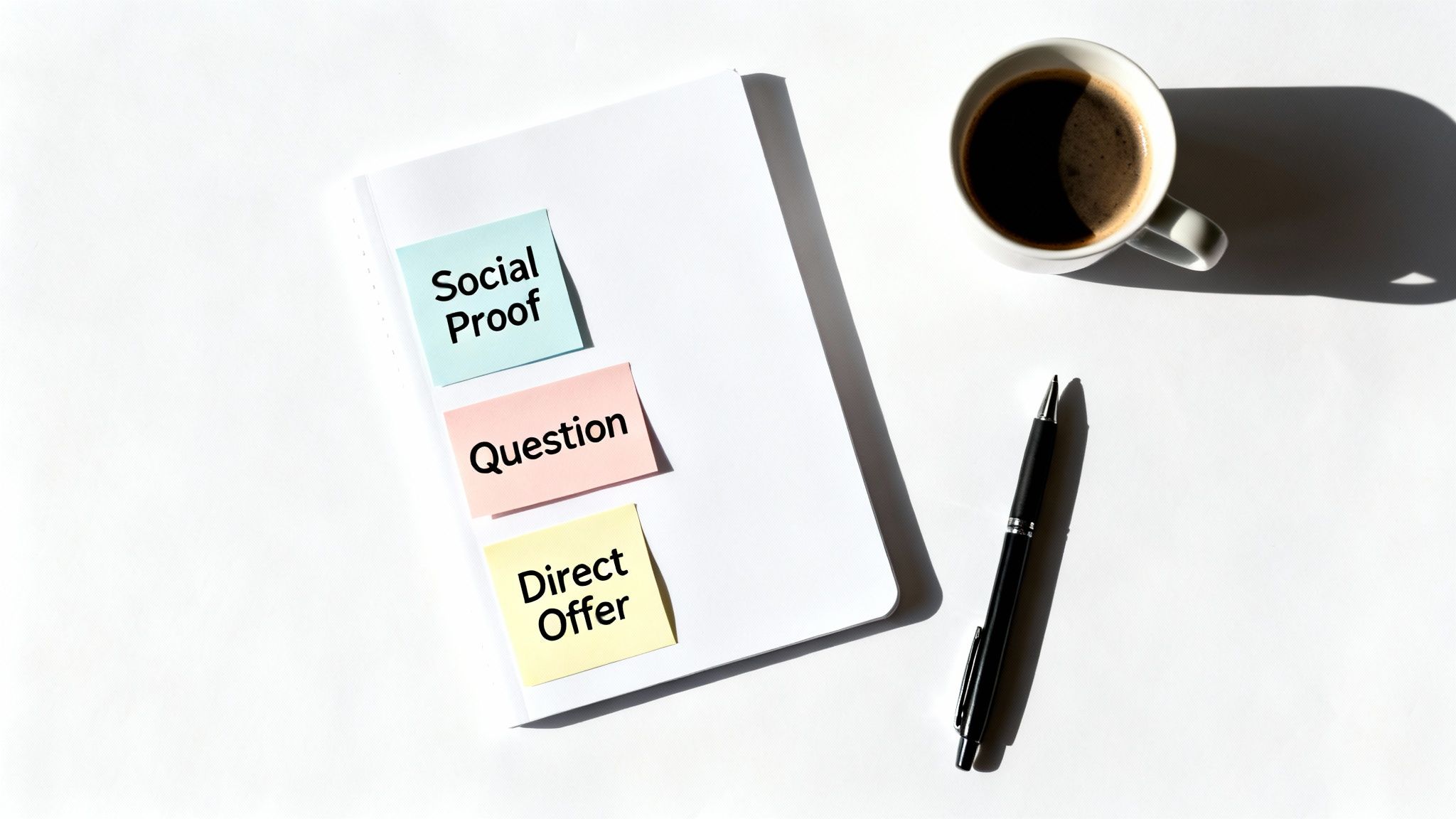 Marketing strategies on sticky notes: Social Proof, Question, Direct Offer, on a notebook with coffee and pen.