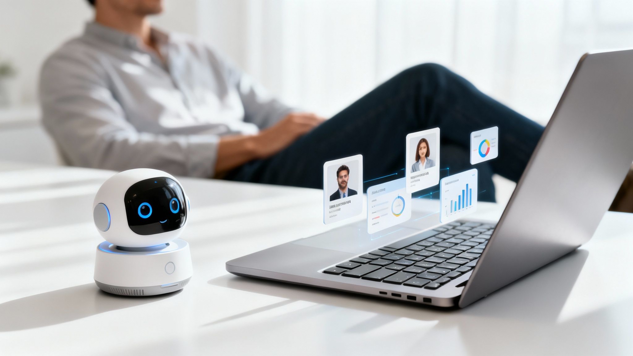 White AI robot assists with holographic data projections from a laptop in a relaxed home office setting.