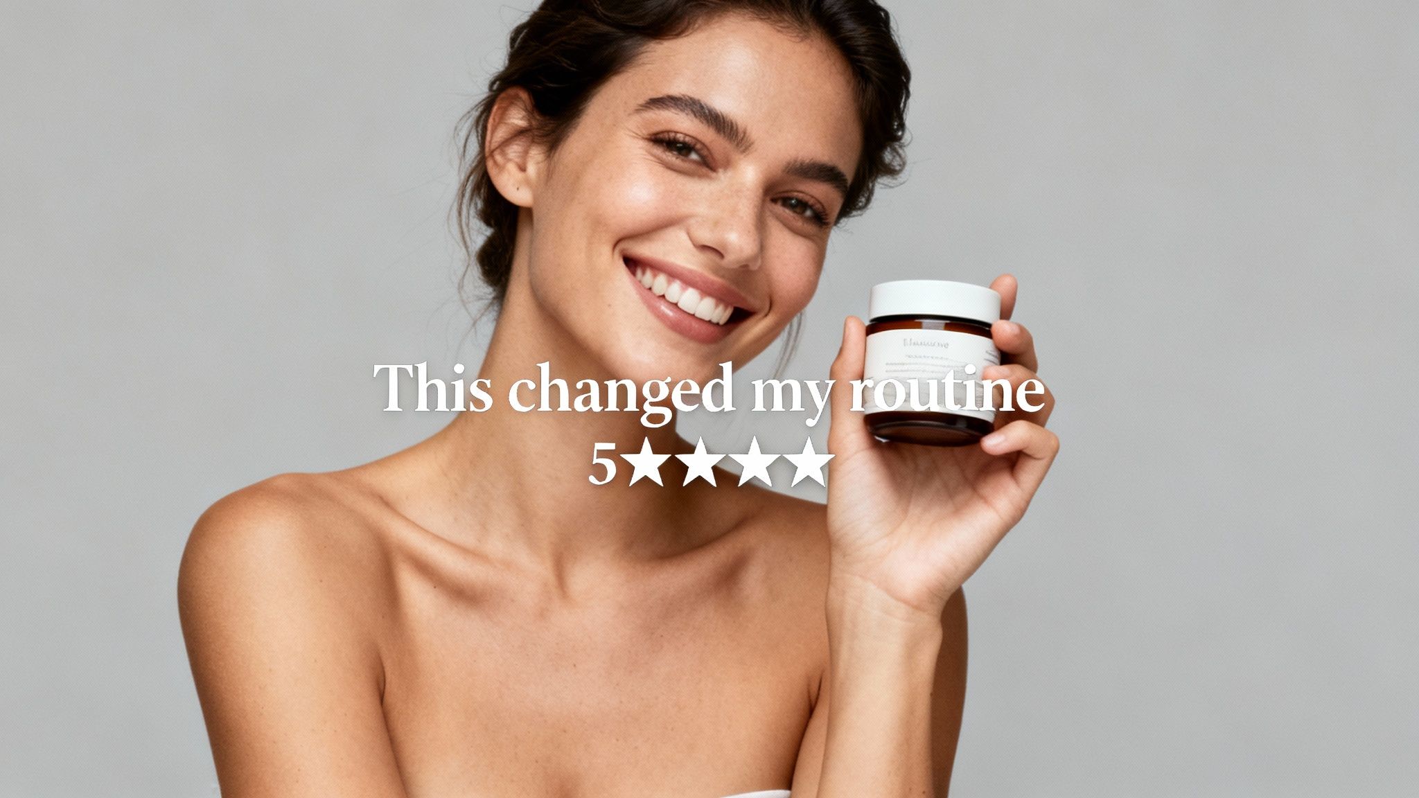 Happy woman holding a beauty product with a five-star rating and a positive testimonial.