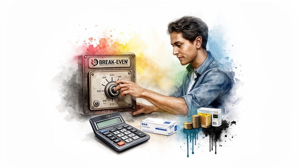 A man adjusts a 'BREAK-EVEN' dial next to a calculator, coins, and product boxes.