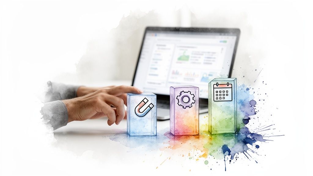 Hands interact with translucent blocks representing strategy elements like attraction, process, and scheduling, near a laptop.