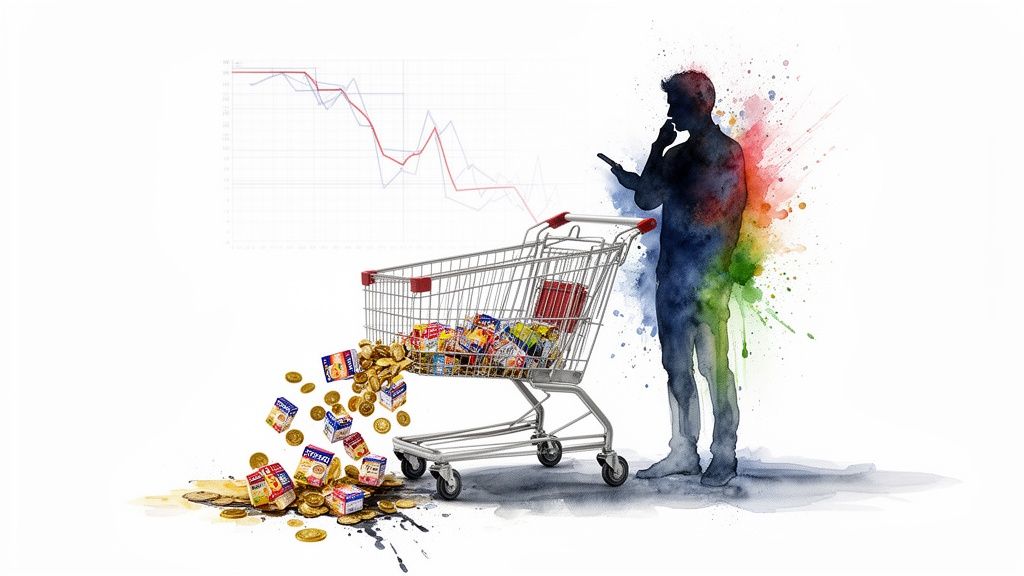 Man contemplating phone next to shopping cart spilling groceries and coins, against a background of a declining graph.