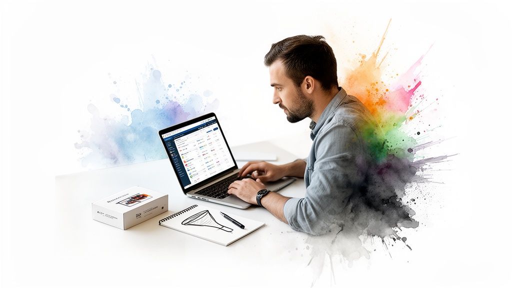 A man intensely works on a laptop, with a notebook, pen, and colorful splashes around him.