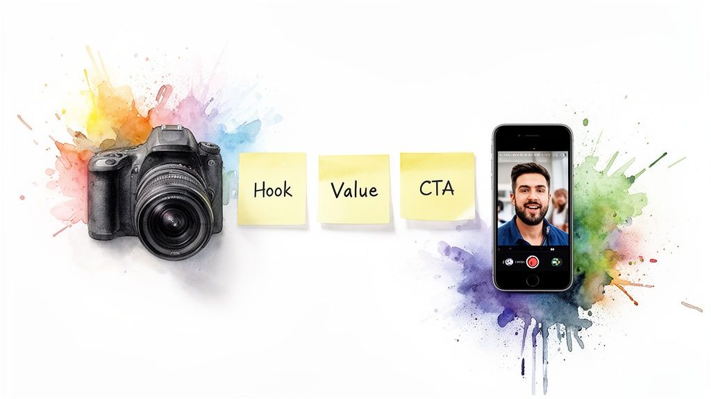 A camera, sticky notes with 'Hook', 'Value', 'CTA', and a smartphone recording video, on a colorful background.