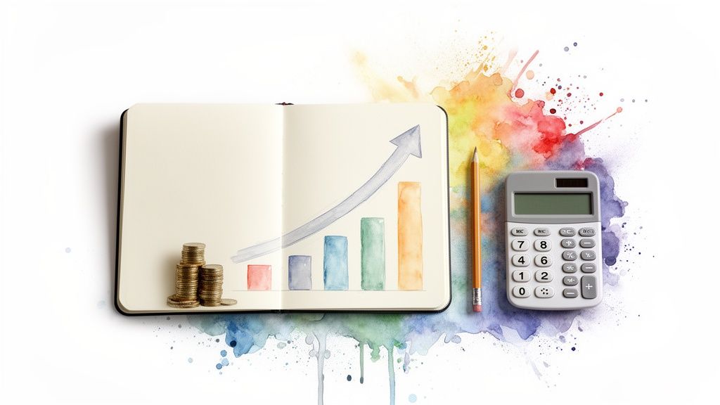 A watercolor bar graph showing financial growth, coins, calculator, and a pencil on a colorful background.