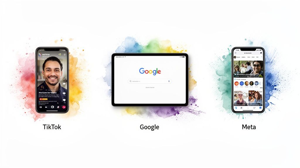 Three devices: a TikTok smartphone, a Google tablet, and a Meta smartphone, surrounded by colorful digital splashes.