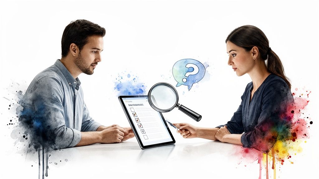 Two people analyzing a digital checklist on a tablet, with a magnifying glass and question mark.