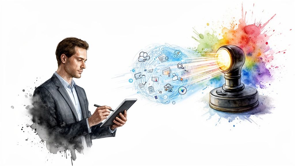 Businessman interacting with a tablet, projecting digital concepts towards a bright, colorful spotlight.