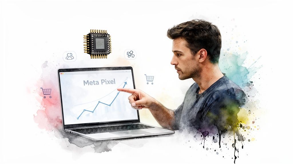 Man pointing at a laptop screen displaying 'Meta Pixel' and a rising graph, indicating growth.