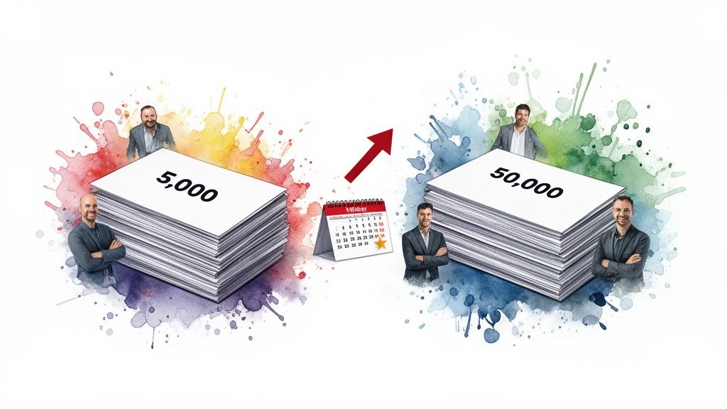 Four men with stacks of cards showing business growth from 5,000 to 50,000 over time.