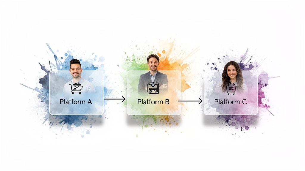 Diagram showing a customer journey or business process flow across three colorful platforms A, B, and C.
