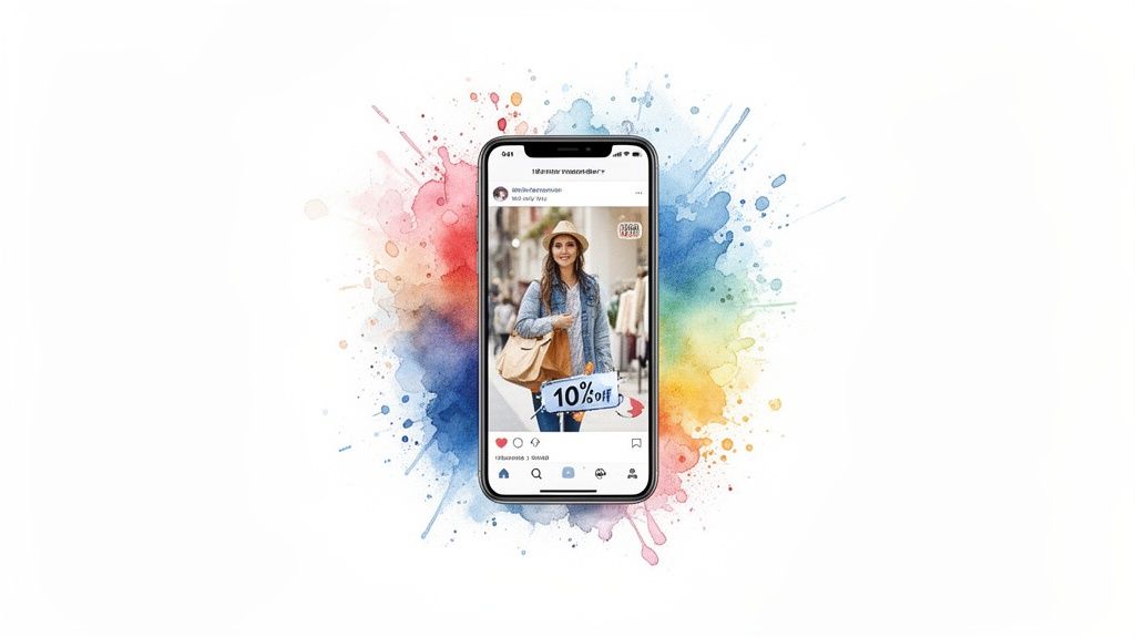 A smartphone displays a social media ad with a woman offering 10% off, surrounded by colorful watercolor splashes.