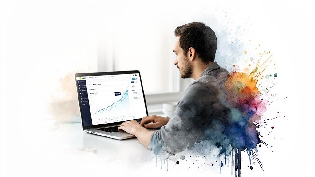 Young man focused on his laptop, displaying business analytics graphs with a colorful watercolor effect.