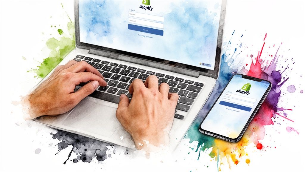 A person's hands typing on a laptop and smartphone, both showing the Shopify login page amidst vibrant watercolor splashes.