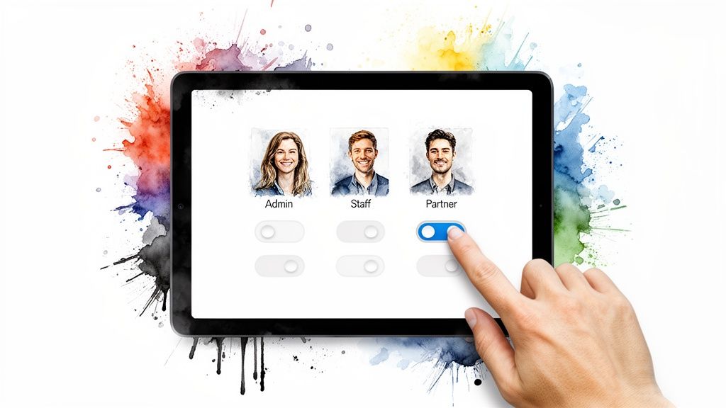 A hand taps a tablet screen displaying user roles for Admin, Staff, and Partner, with a toggle for a Partner turned on.