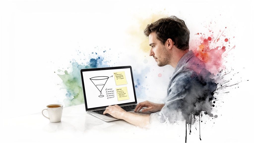 A focused man optimizes conversion rates on his laptop, featuring a funnel diagram and sticky notes.