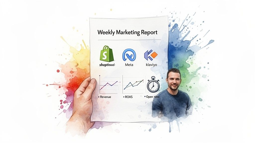 A watercolor illustration of a weekly marketing report showing marketing platform logos and performance charts.
