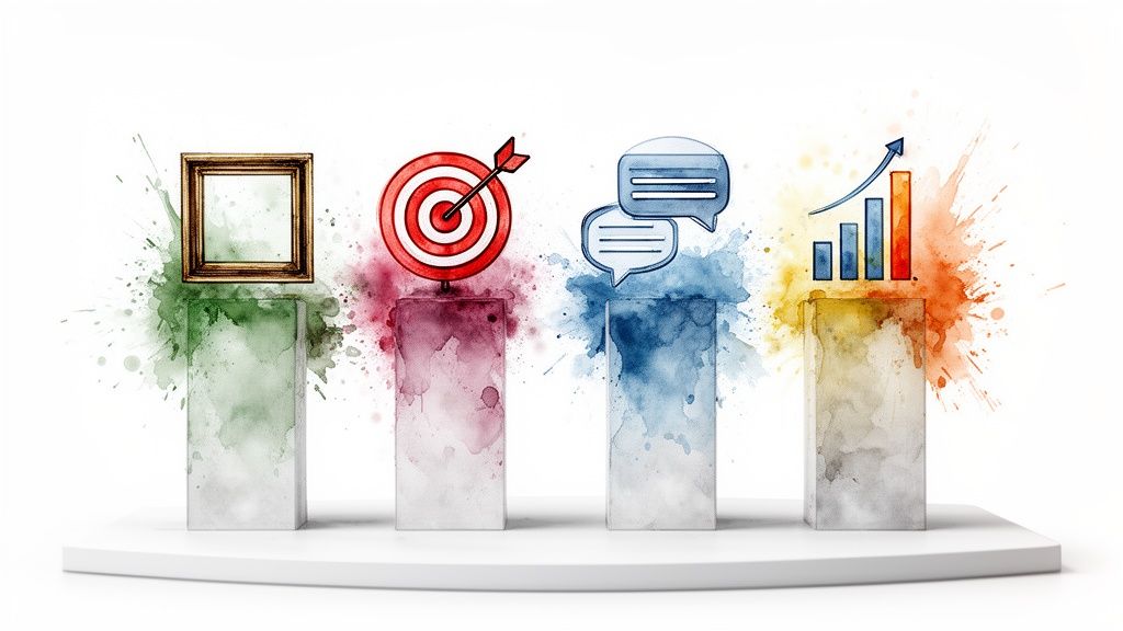 Four pedestals with watercolor splashes and icons: an empty frame, target, chat bubbles, and a growth chart.