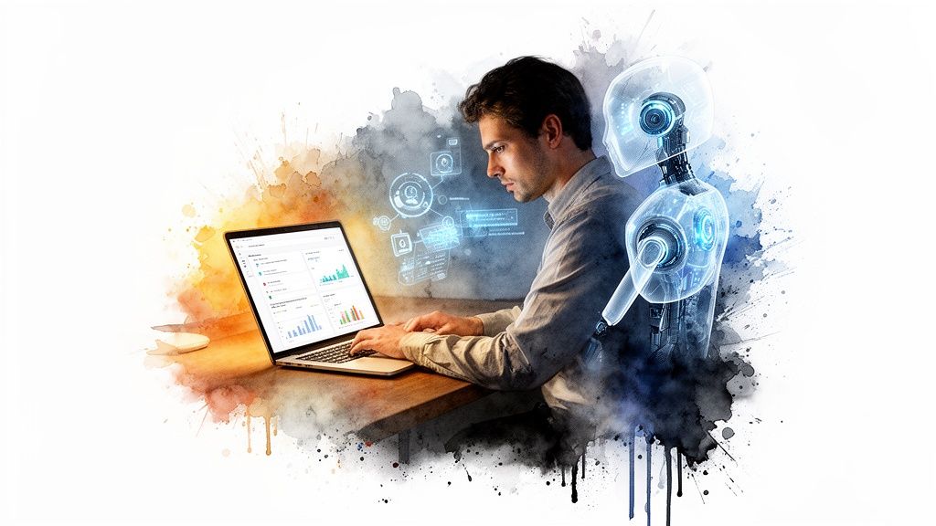 A man analyzing data on a laptop, working alongside a glowing, transparent AI robot.