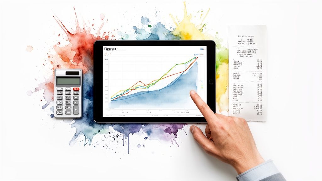 Financial tools: a tablet with a graph, calculator, and receipt, on a colorful watercolor backdrop.