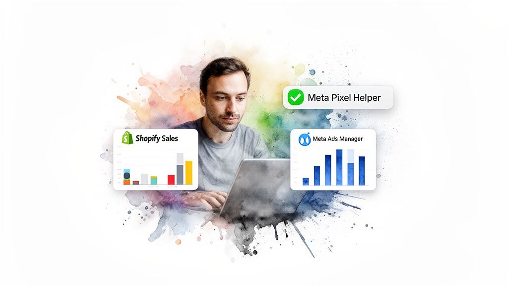 A man on a laptop managing Shopify sales, Meta Ads data, and verifying with Meta Pixel Helper.