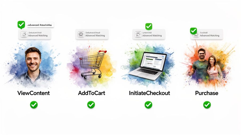 Visualizing Meta Pixel tracking for e-commerce, showing view content, add to cart, checkout, and purchase steps.