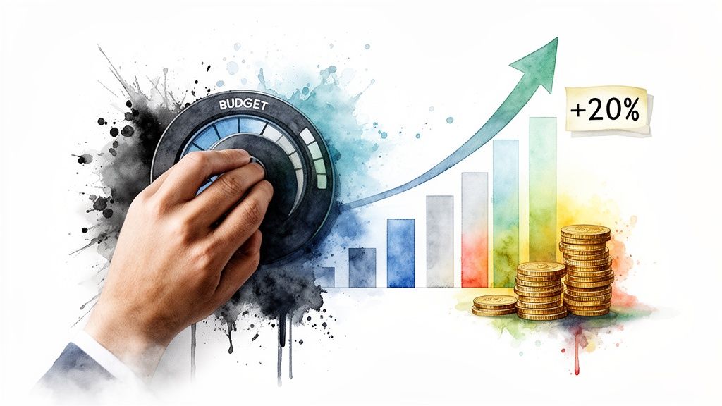 Hand adjusts a budget dial, leading to a 20% increase in financial growth and profit.