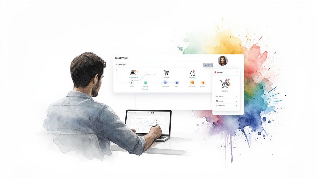Man analyzes customer journey data and marketing analytics on a laptop with a creative watercolor background.