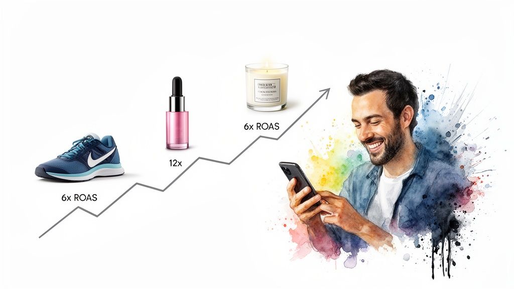 A ROAS growth graph with products like a shoe, serum, and candle, and a smiling man using a phone.