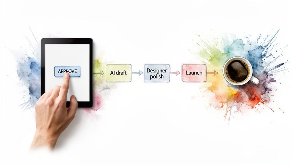 A hand approves an AI draft on a tablet, followed by design polish, launch, and a coffee.