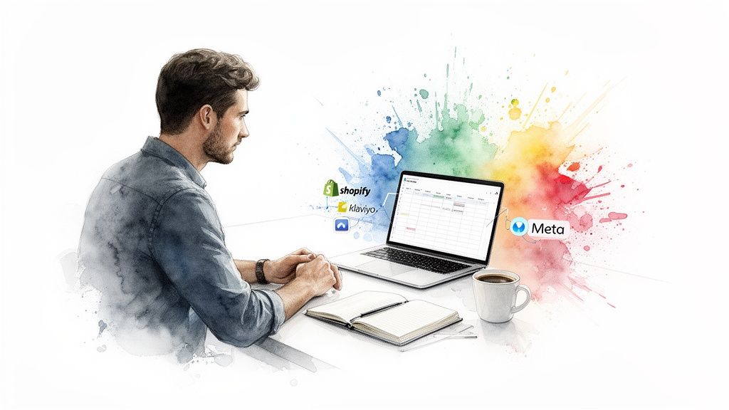 Man using laptop with Shopify, Klaviyo, and Meta logos, representing digital marketing integration and strategy.