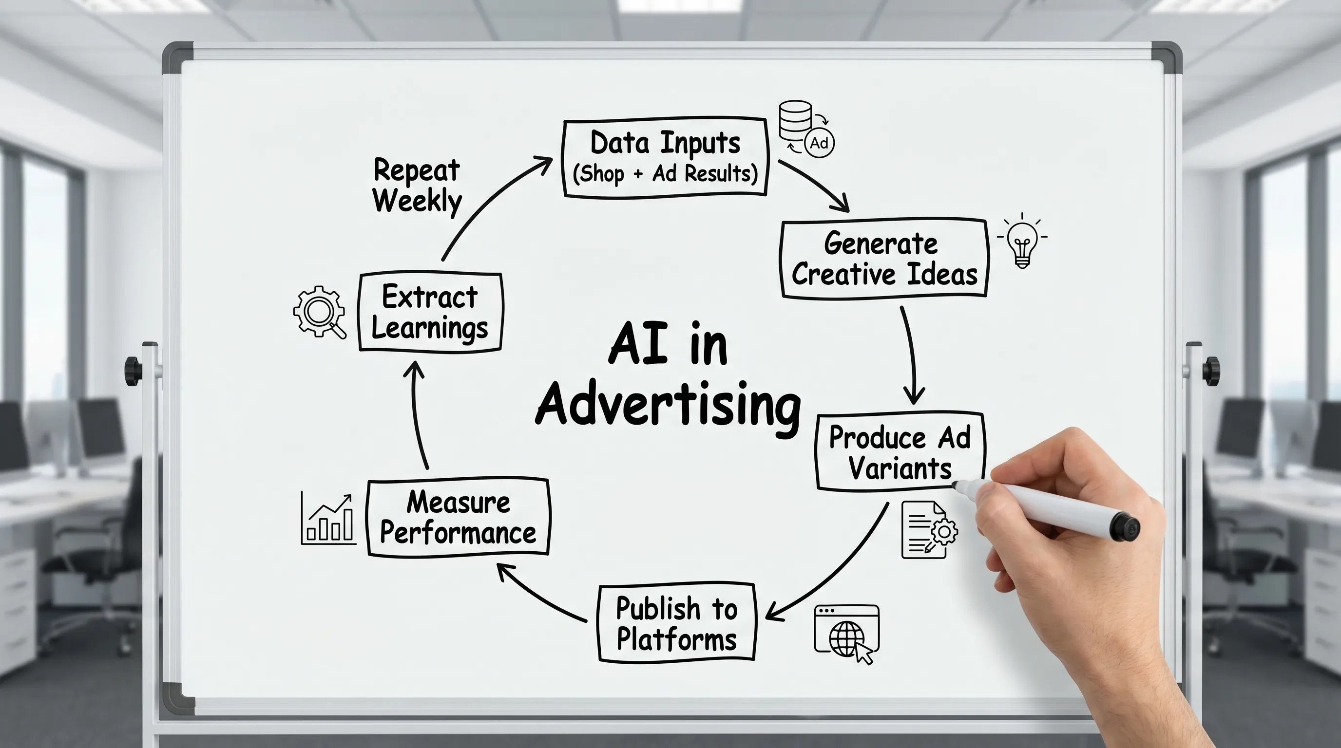 A simple loop diagram showing AI for advertising: Connect data inputs (shop + ad results), generate creative ideas, produce ad variants, publish to platforms, measure performance, extract learnings, then repeat weekly.