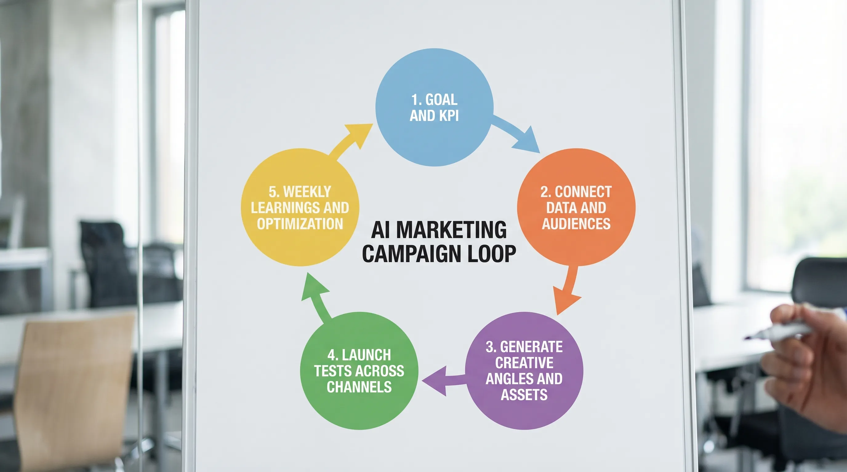 A simple 5-step loop diagram for an AI marketing campaign: Goal and KPI, Connect data and audiences, Generate creative angles and assets, Launch tests across channels, Weekly learnings and optimization. The diagram is clean and minimal, with arrows forming a cycle.