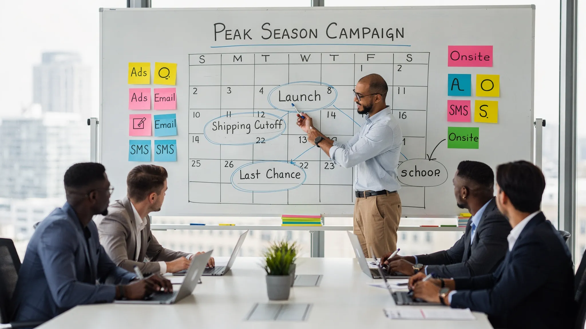 A marketing team planning a peak-season ecommerce campaign: a whiteboard shows a simple calendar with key dates (launch, shipping cutoff, last-chance), and sticky notes labeled Ads, Email, SMS, and Onsite.