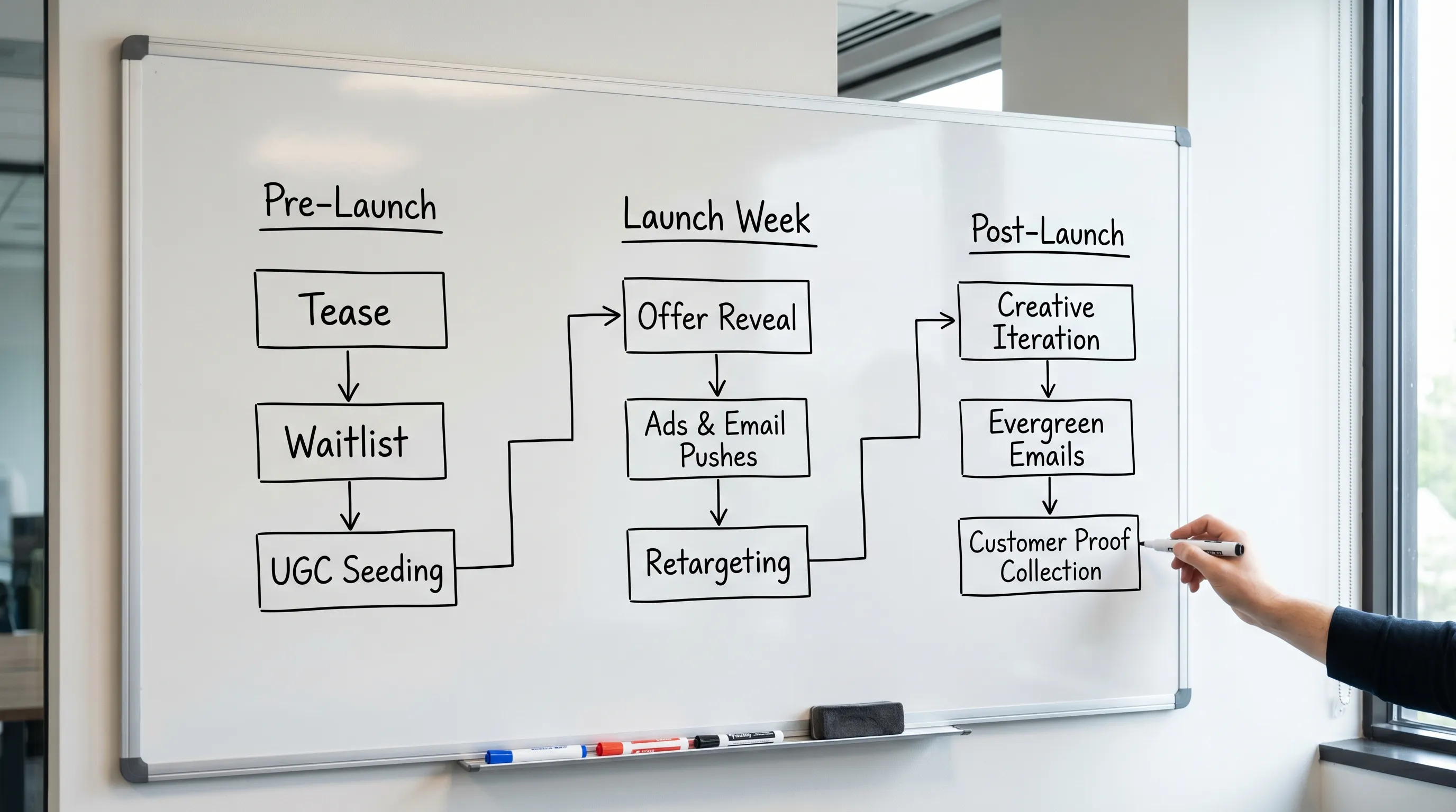 A simple three-phase ecommerce launch flow chart showing Pre-Launch (tease, waitlist, UGC seeding), Launch Week (offer reveal, ads and email pushes, retargeting), and Post-Launch (creative iteration, evergreen emails, customer proof collection).