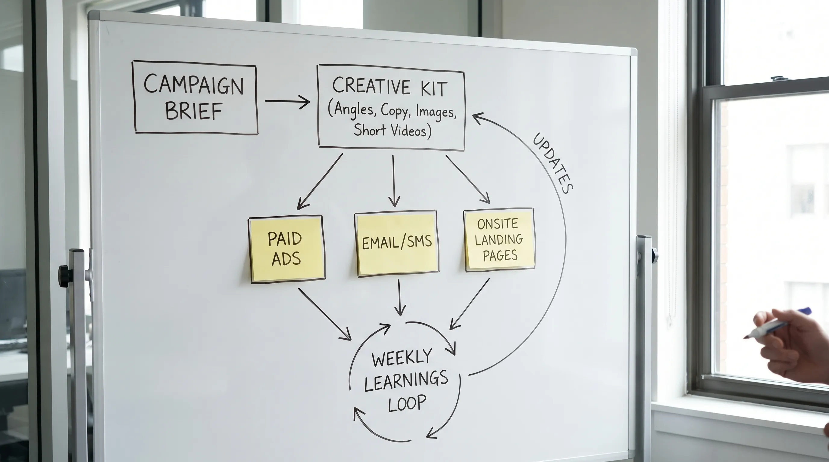 A simple ecommerce campaign flow diagram showing: Campaign brief leads to a creative kit (angles, copy, images, short videos), then launches across paid ads, email/SMS, and onsite landing pages, followed by a weekly learnings loop that updates the next creative kit.