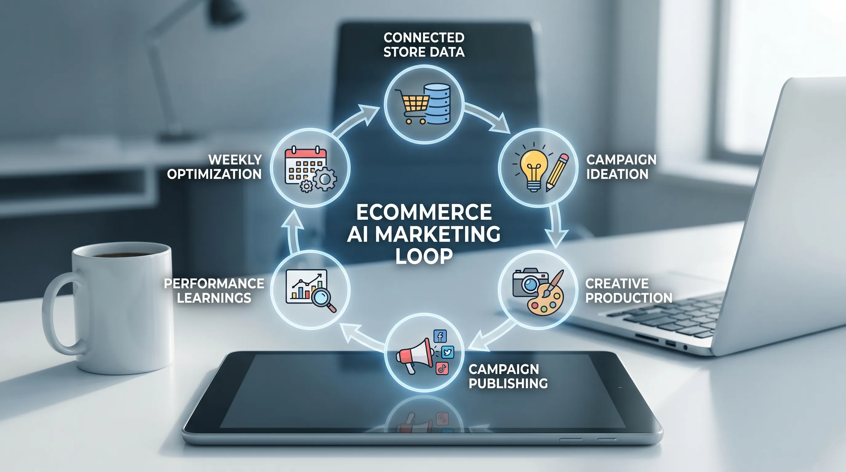 A simple ecommerce AI marketing loop showing connected store data, campaign ideation, creative production, campaign publishing, and performance learnings feeding back into the next weekly optimization cycle.