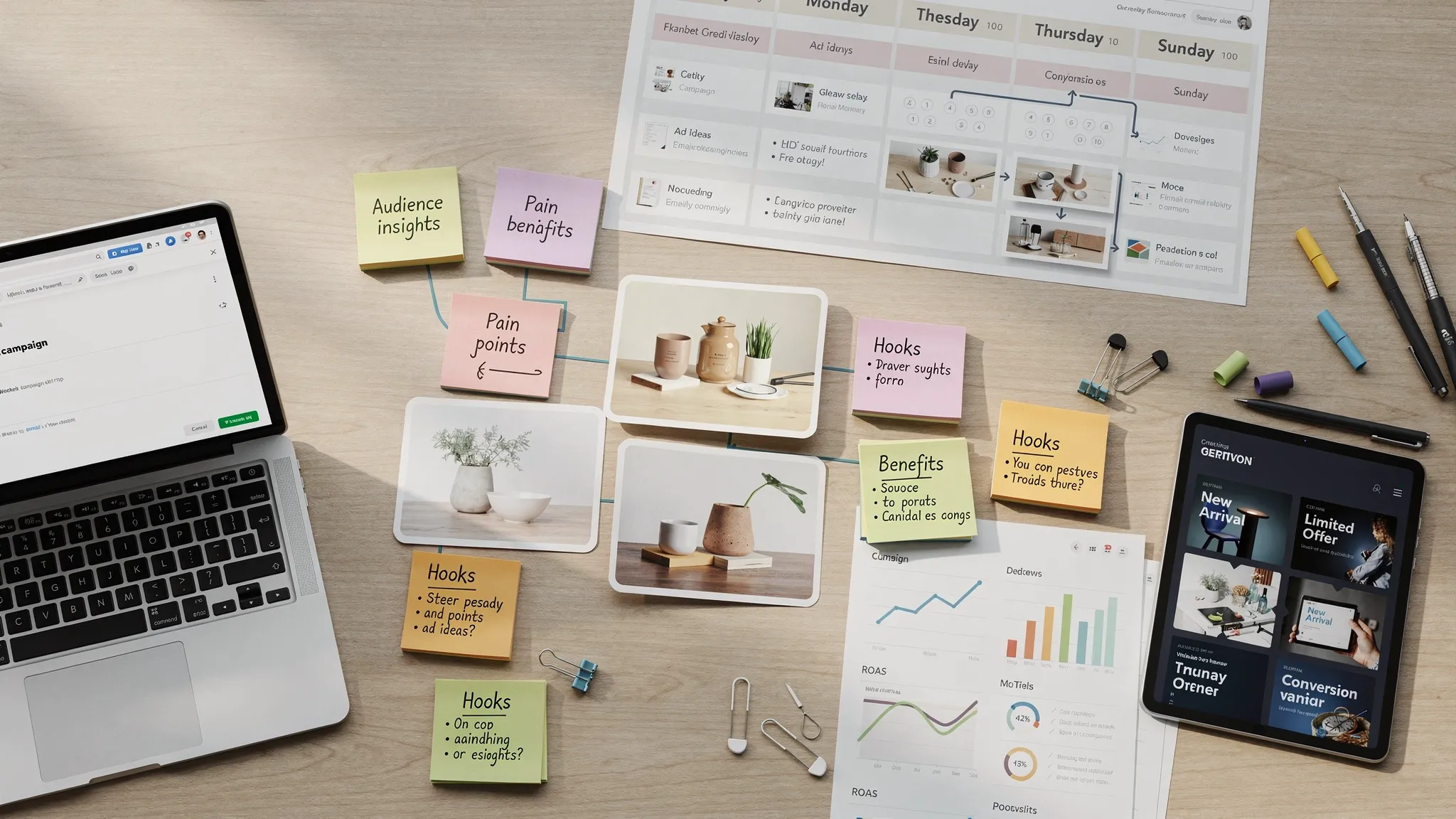 A clean creative planning workspace with ecommerce product photos, sticky notes showing audience insights, campaign angles, ad mockups, email drafts, and performance metrics arranged into a weekly creative workflow.