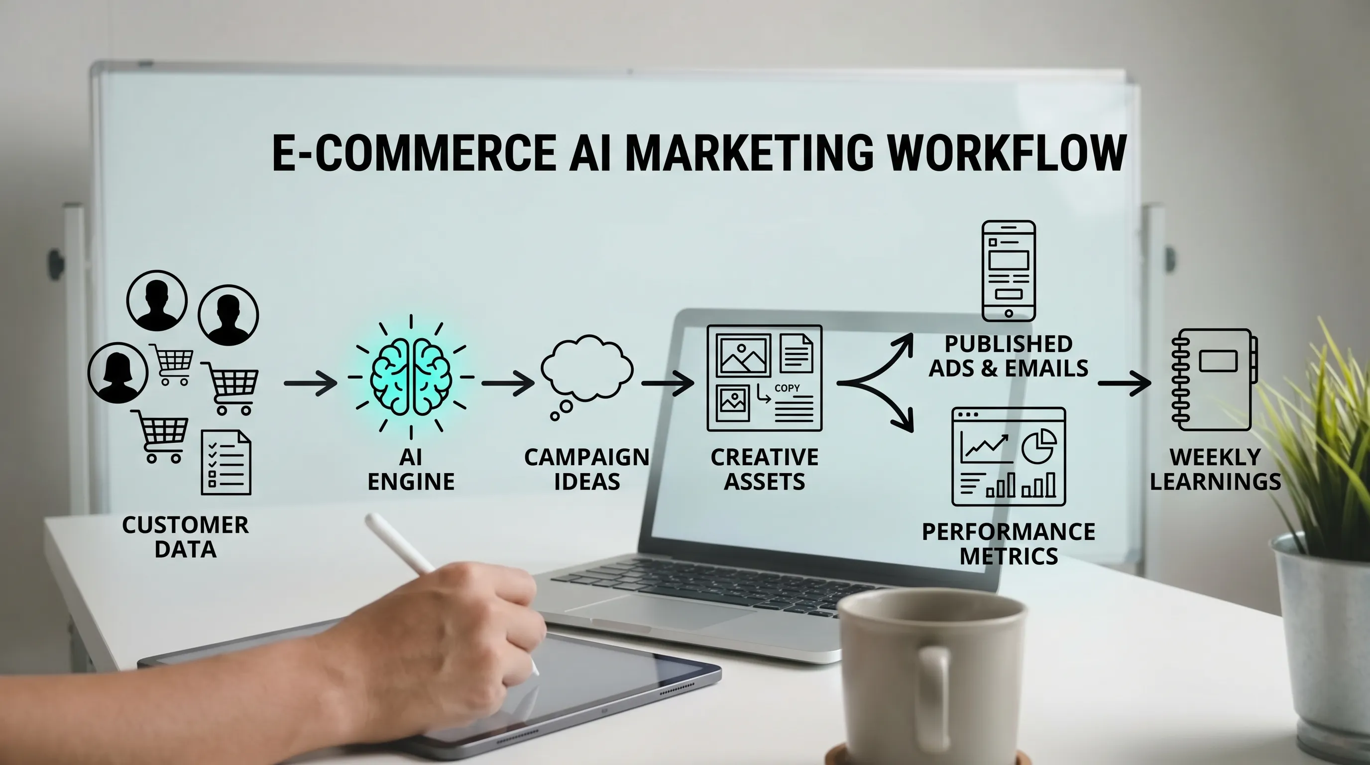 An ecommerce marketing workflow showing AI turning customer data into campaign ideas, creative assets, published ads and emails, performance metrics, and weekly learnings.