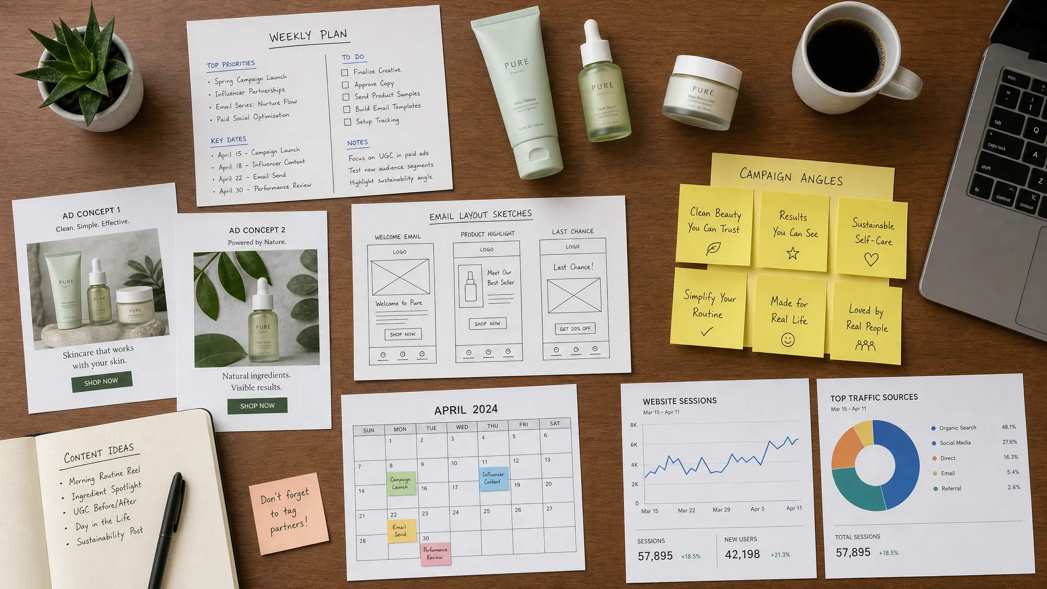 A top-down view of product samples, printed ad concepts, email layout sketches, sticky notes with campaign angles, and analytics charts arranged for a weekly planning session.