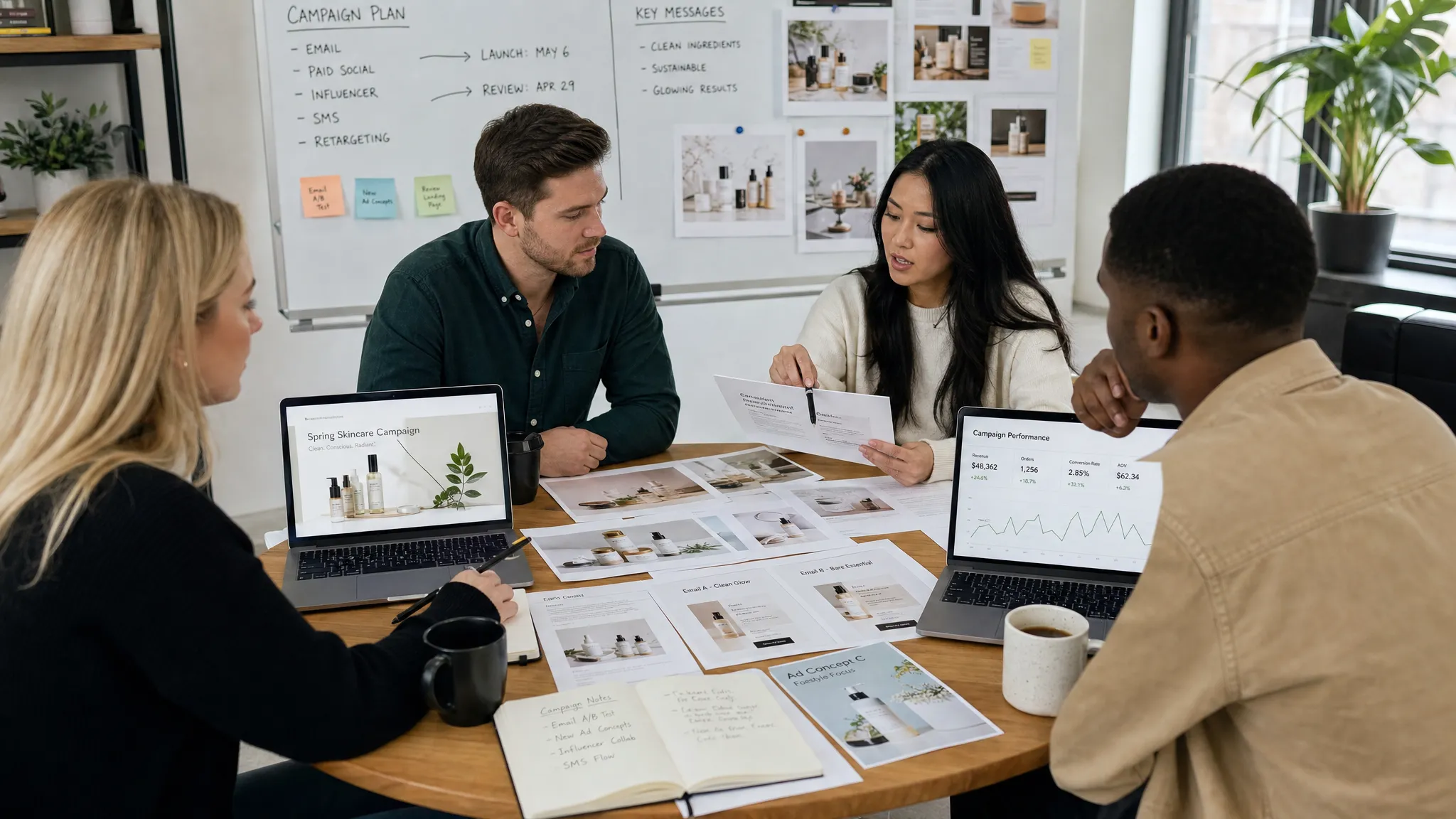 A small ecommerce marketing team reviewing campaign assets, email layouts, ad variations, and performance notes around a shared workspace, with product photos and creative concepts spread across the table.