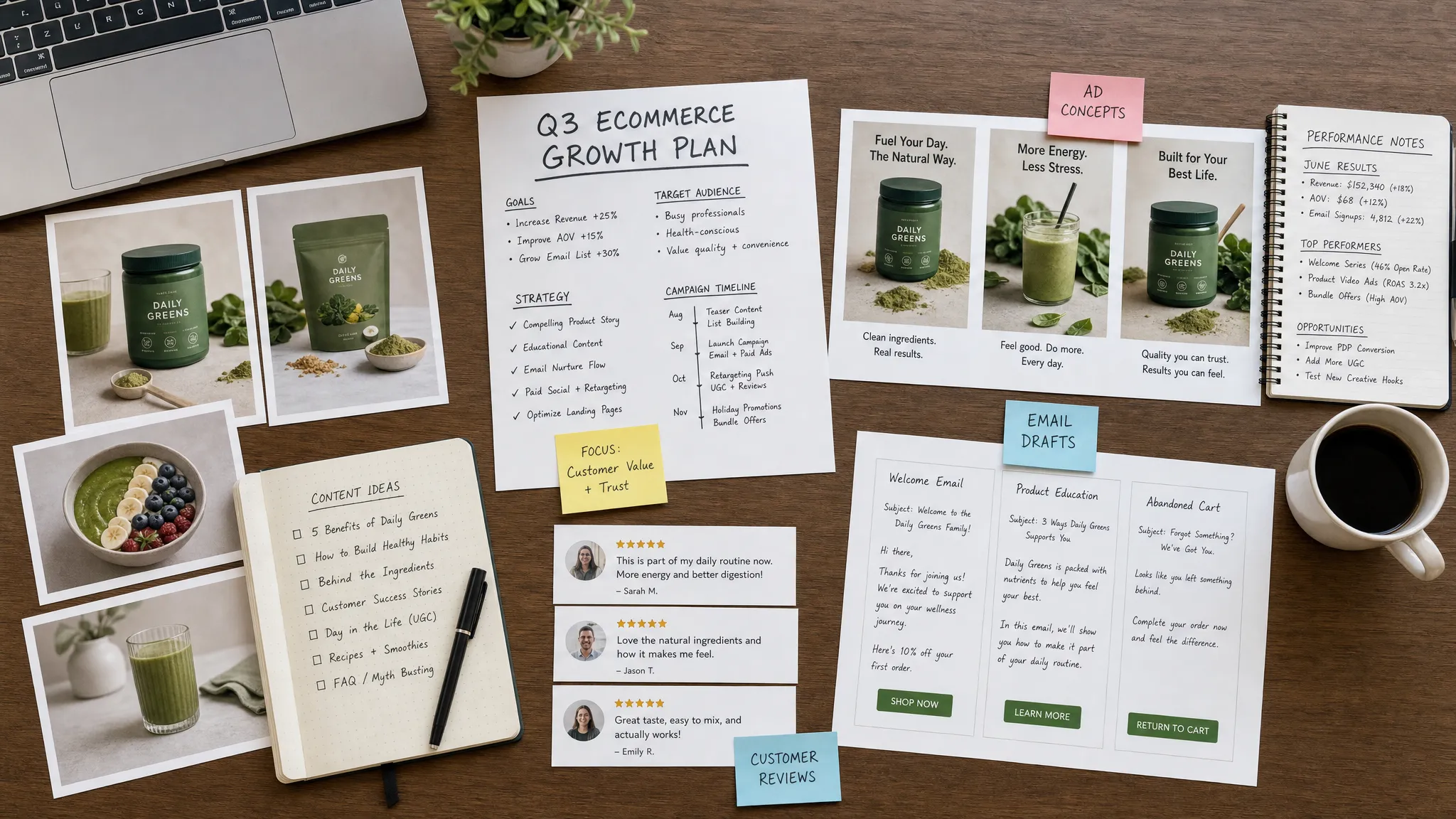 A top-down view of an ecommerce campaign planning workspace with product photos, customer review snippets, email drafts, ad concept cards, and performance notes arranged around a central growth plan.