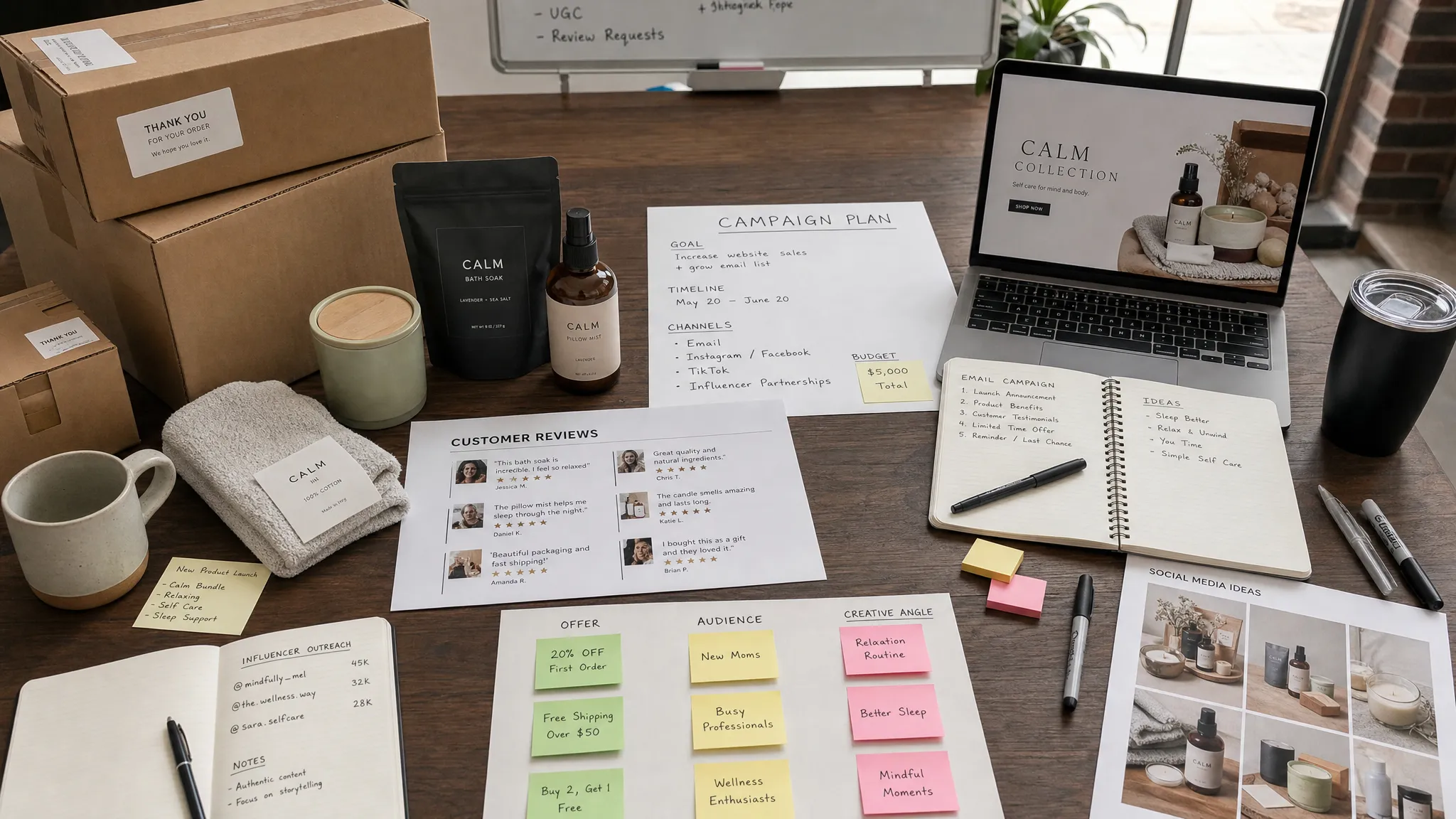 A tabletop workspace for an ecommerce marketing sprint with product samples, customer review printouts, campaign notes, shipping boxes, and sticky notes grouped by offer, audience, and creative angle.