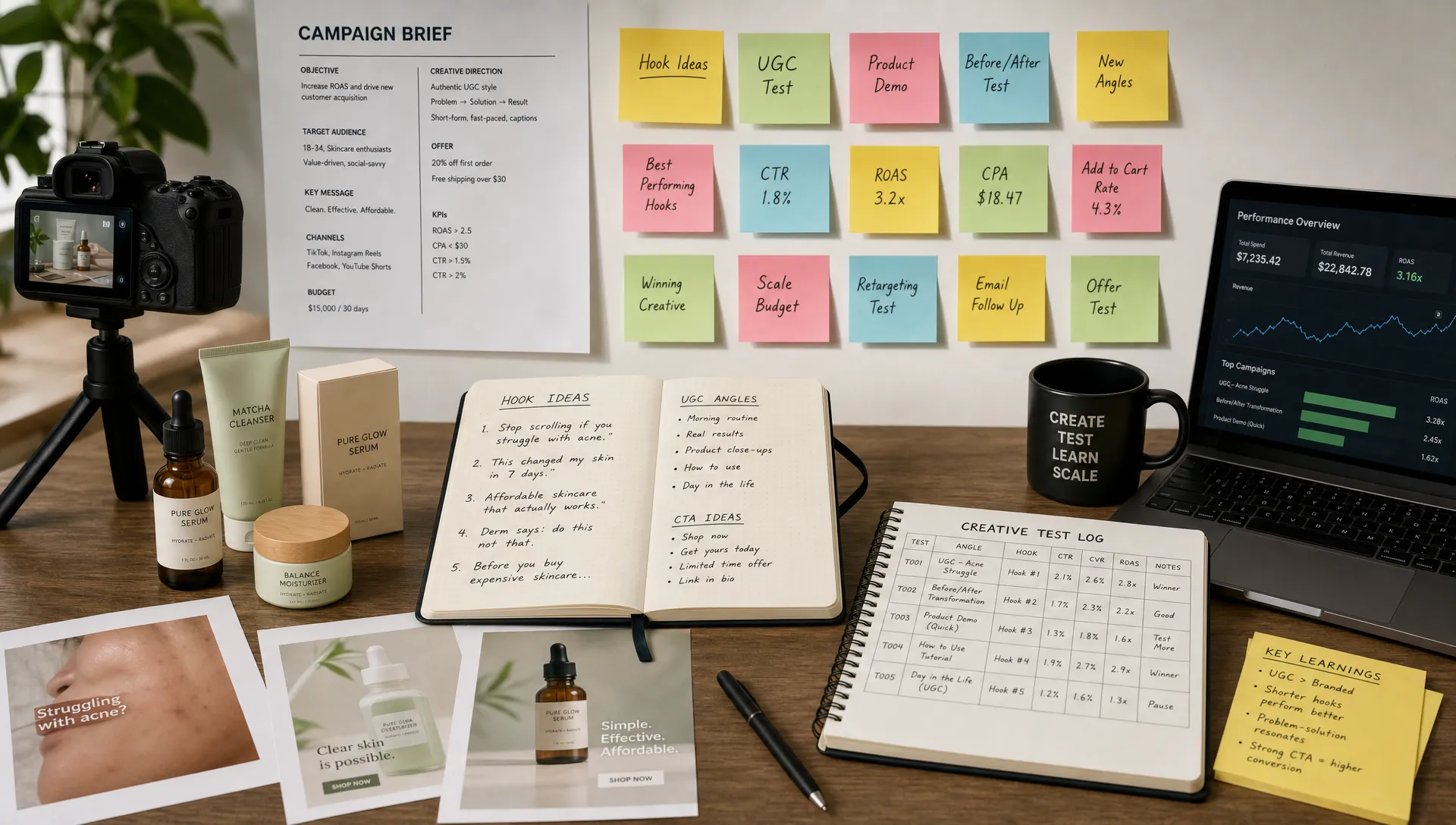 A lean ecommerce marketing workspace with product samples, notebooks filled with ad hook ideas, printed campaign briefs, a small camera setup, and colorful sticky notes representing creative tests and performance learnings.