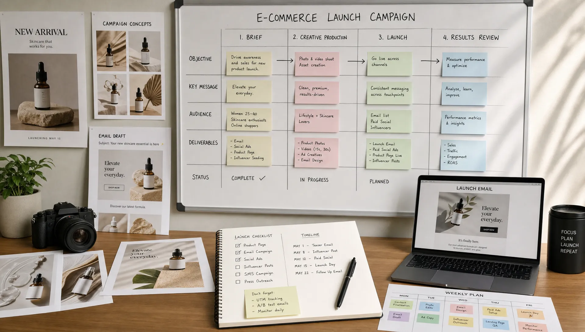 A clean ecommerce launch campaign workspace with printed product photos, campaign notes, email drafts, ad concepts, and a weekly planning board showing the flow from brief to creative production to launch and results review.