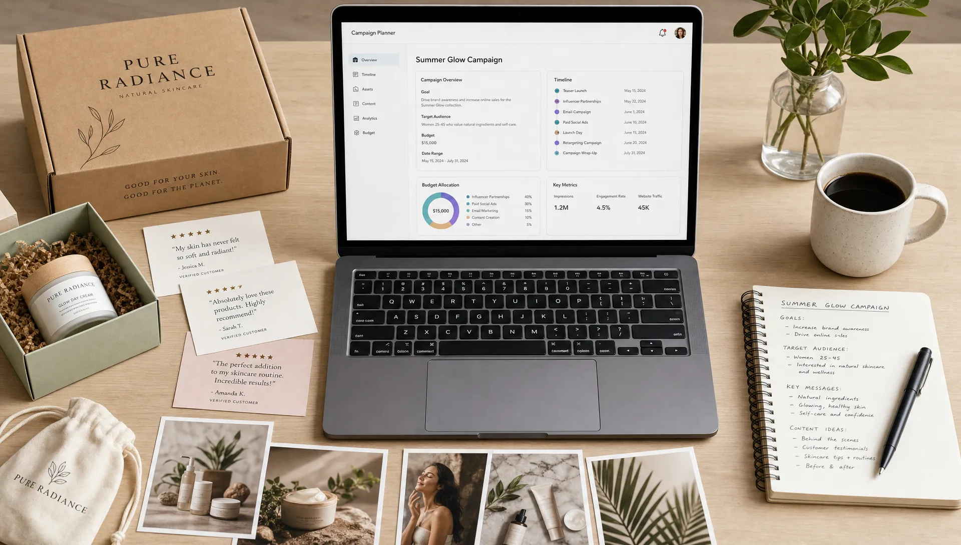 A flat lay of ecommerce brand marketing materials on a desk, including product packaging, customer review cards, campaign notes, lifestyle product photos, and a laptop showing a campaign planning dashboard with the screen facing the camera.