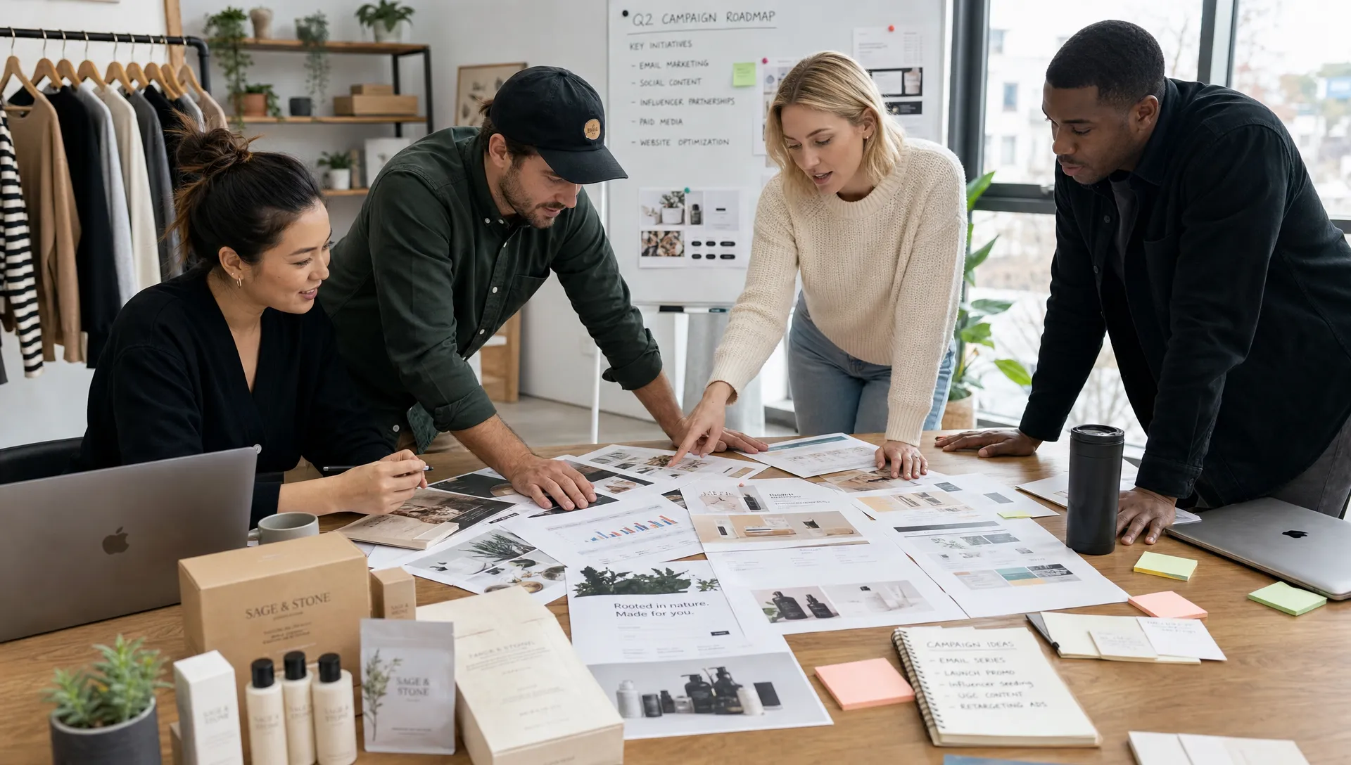 An ecommerce marketing team reviews campaign assets, product images, email layouts, and performance charts on a large table, with packaging samples and creative notes spread around them in a bright workspace.
