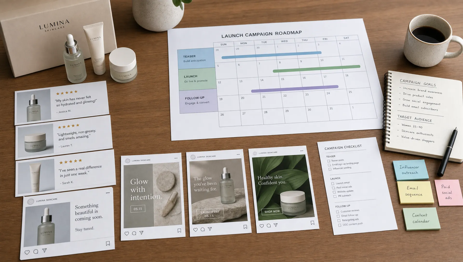 A launch campaign planning table with product samples, customer review cards, printed social media concepts, and a calendar showing teaser, launch, and follow-up campaign phases.